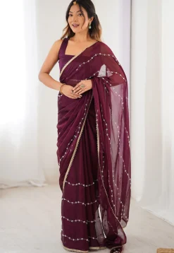Hand Embroidered Chiffon Saree in Wine