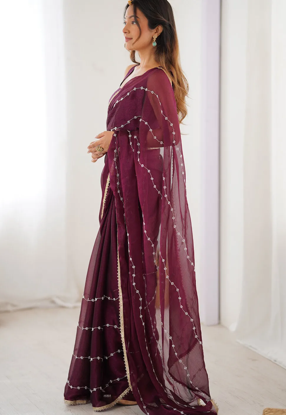 Hand Embroidered Chiffon Saree in Wine