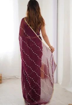 Hand Embroidered Chiffon Saree in Wine