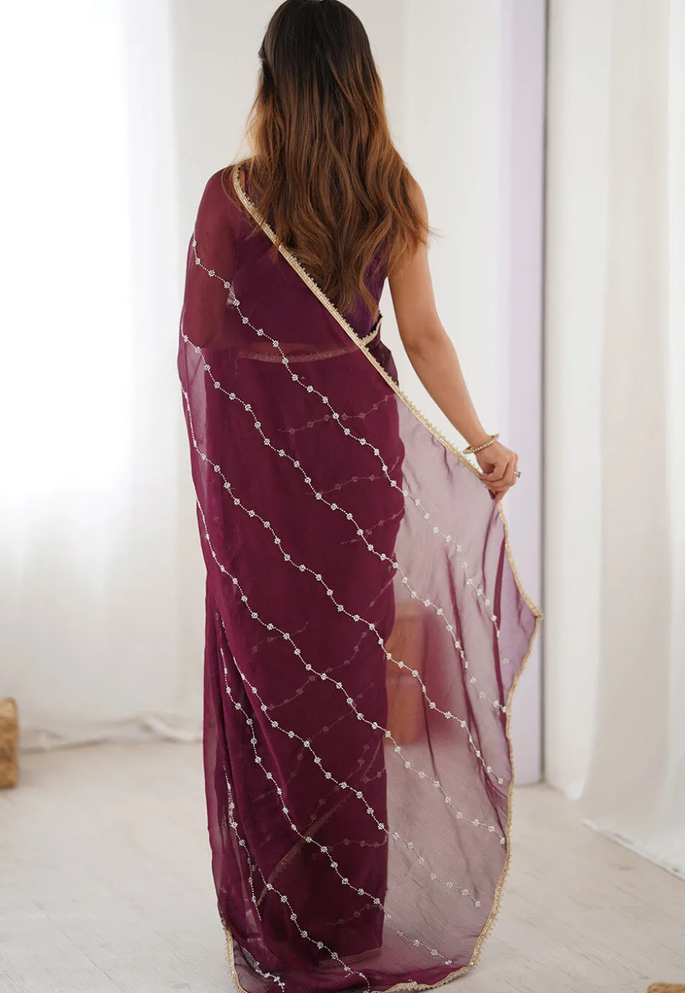 Hand Embroidered Chiffon Saree in Wine
