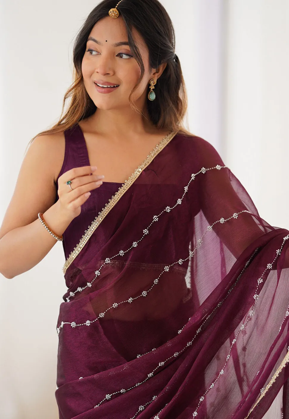 Hand Embroidered Chiffon Saree in Wine