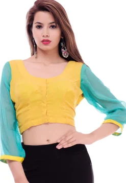 Hand Embroidered Chiffon Blouse in Yellow and Turquoise