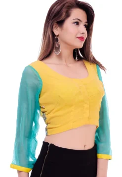 Hand Embroidered Chiffon Blouse in Yellow and Turquoise