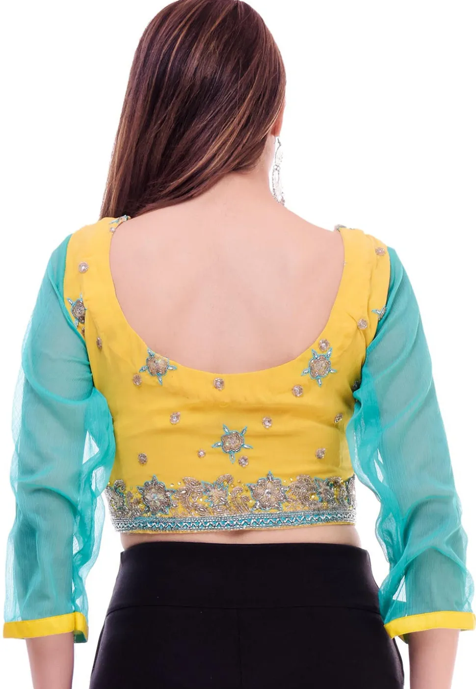 Hand Embroidered Chiffon Blouse in Yellow and Turquoise
