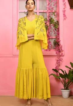 Hand Embroidered Chiffon Jumpsuit with Cape in Yellow