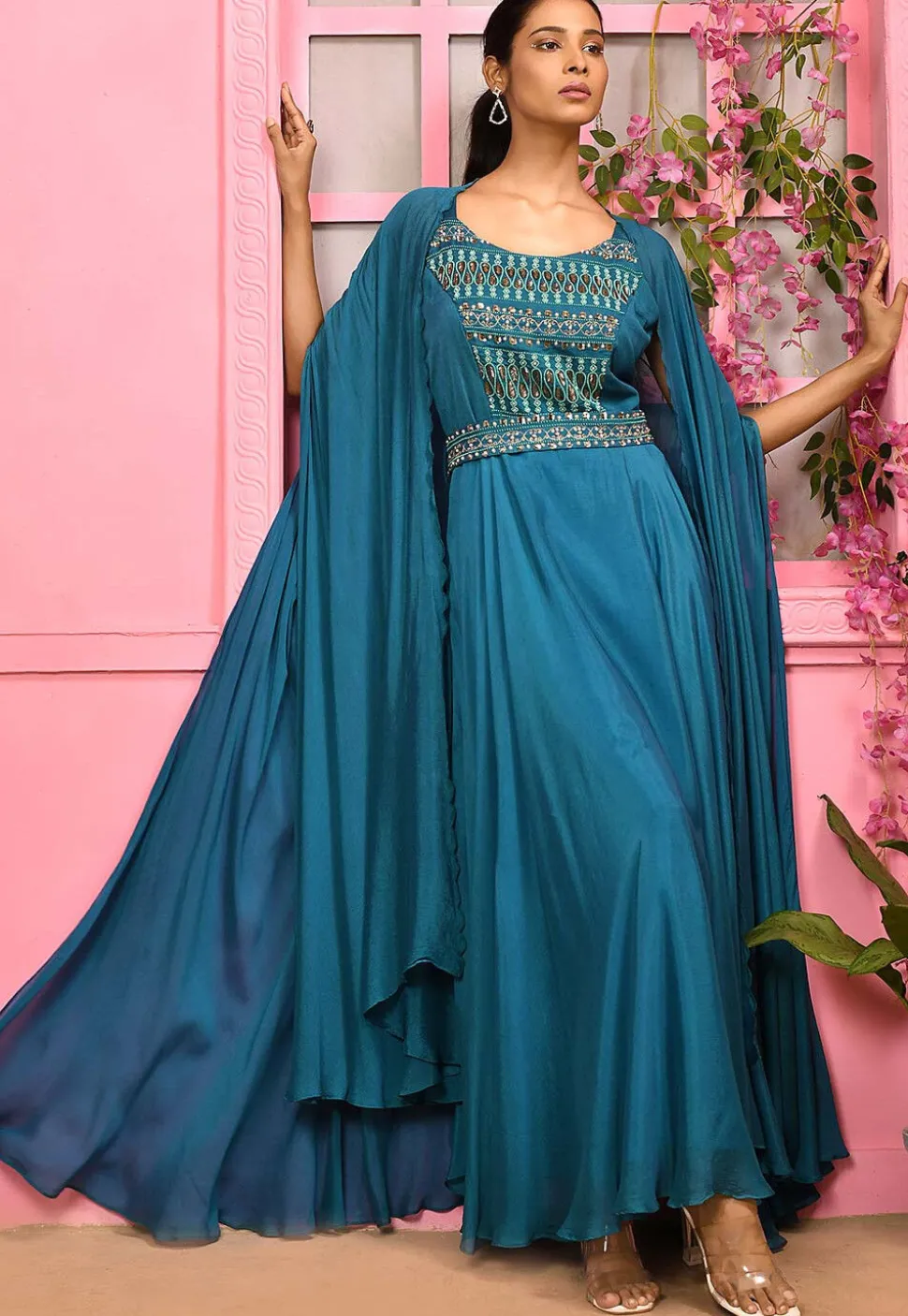 Hand Embroidered Chiffon Gown in Blue