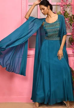 Hand Embroidered Chiffon Gown in Blue