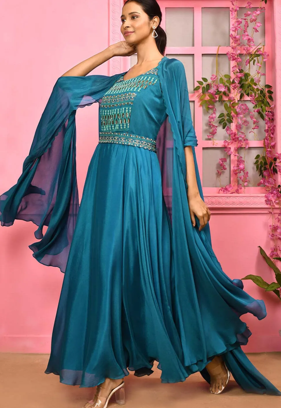 Hand Embroidered Chiffon Gown in Blue