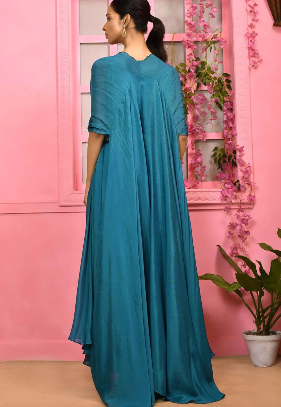 Hand Embroidered Chiffon Gown in Blue