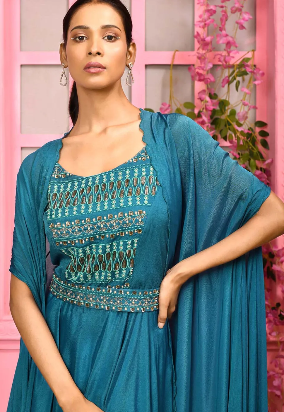 Hand Embroidered Chiffon Gown in Blue