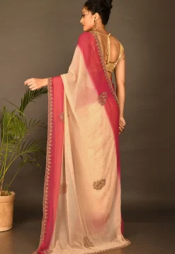 Hand Embroidered Chiffon Saree in Beige