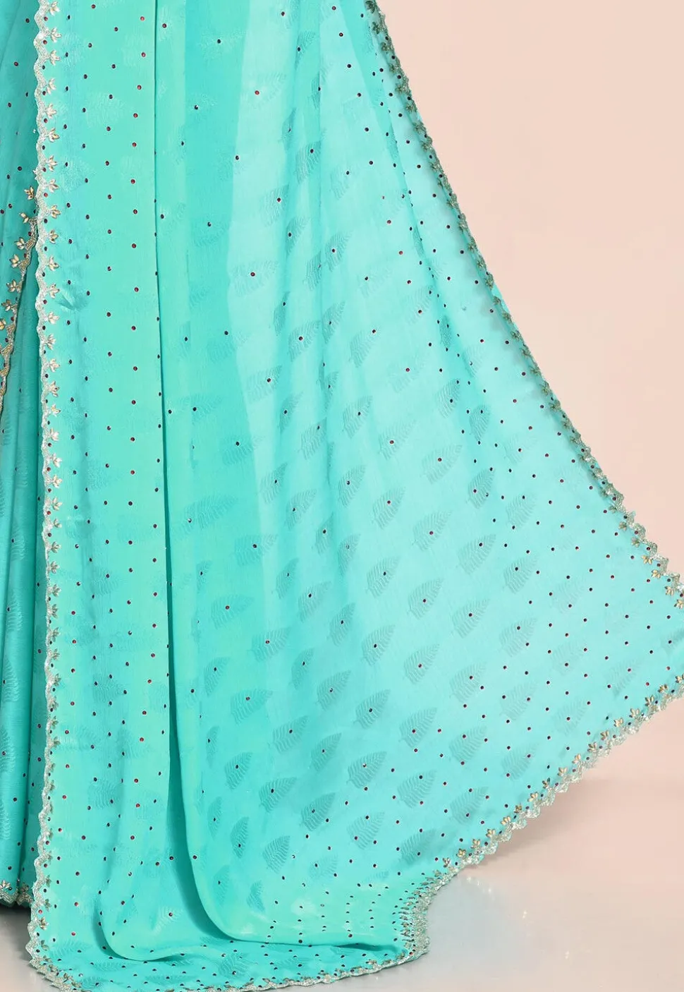 Hand Embroidered Chiffon Jacquard Saree in Turquoise