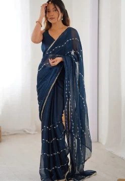 Hand Embroidered Chiffon Saree in Blue