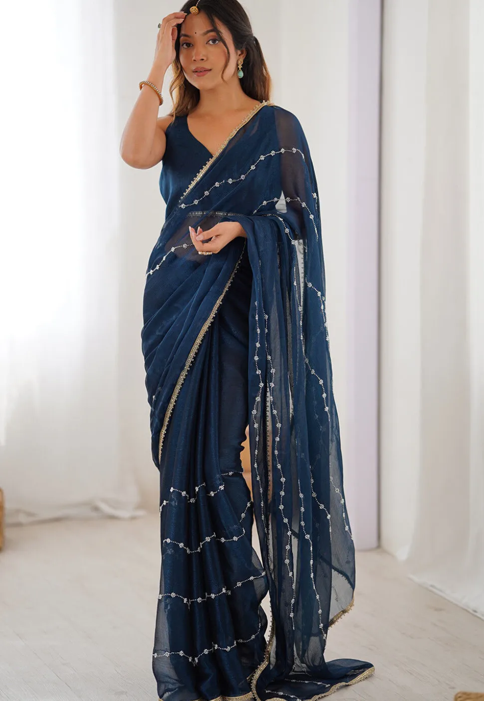 Hand Embroidered Chiffon Saree in Blue