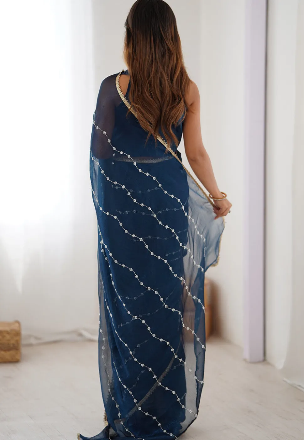 Hand Embroidered Chiffon Saree in Blue