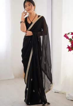 Hand Embroidered Chinon Chiffon Saree in Black