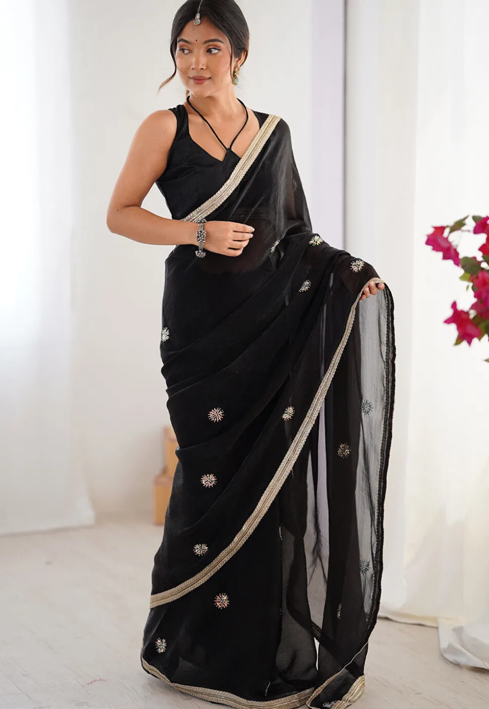 Hand Embroidered Chinon Chiffon Saree in Black