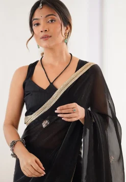 Hand Embroidered Chinon Chiffon Saree in Black