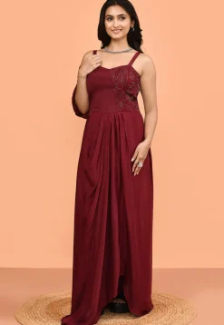 Hand Embroidered Chinon Chiffon Gown in Maroon