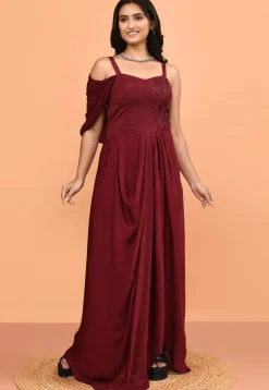 Hand Embroidered Chinon Chiffon Gown in Maroon