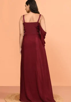 Hand Embroidered Chinon Chiffon Gown in Maroon