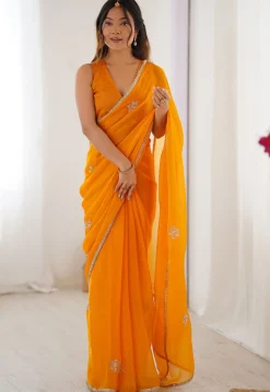 Hand Embroidered Chinon Chiffon Saree in Yellow