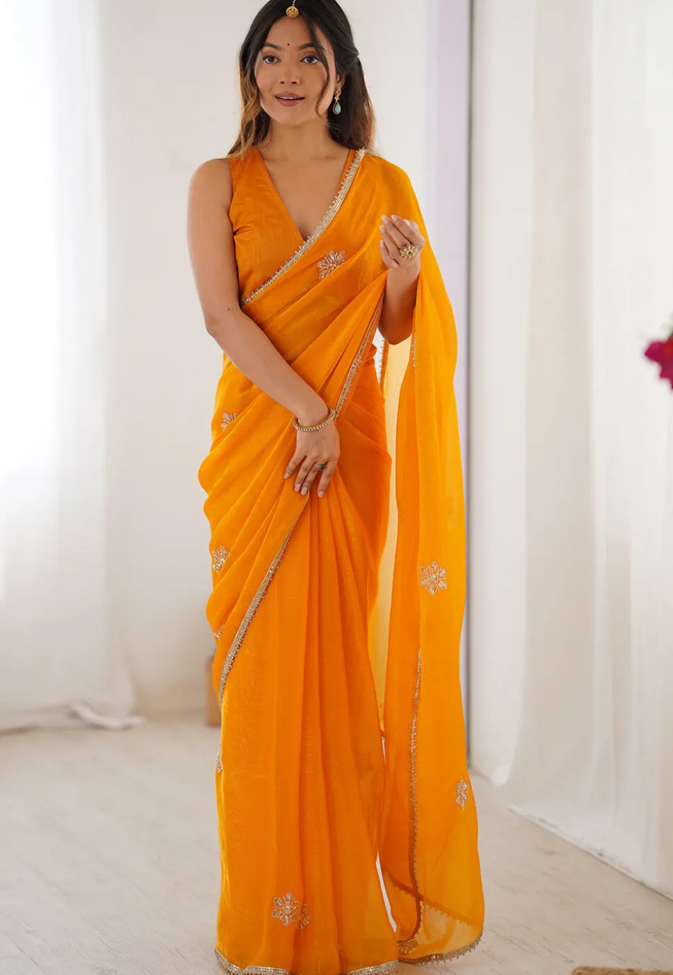 Hand Embroidered Chinon Chiffon Saree in Yellow