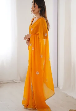 Hand Embroidered Chinon Chiffon Saree in Yellow