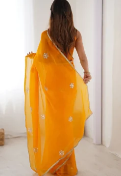 Hand Embroidered Chinon Chiffon Saree in Yellow
