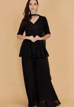 Hand Embroidered Chinon Chiffon Pakistani Suit in Black
