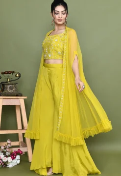 Hand Embroidered Chinon Chiffon Crop Top Set in Mustard