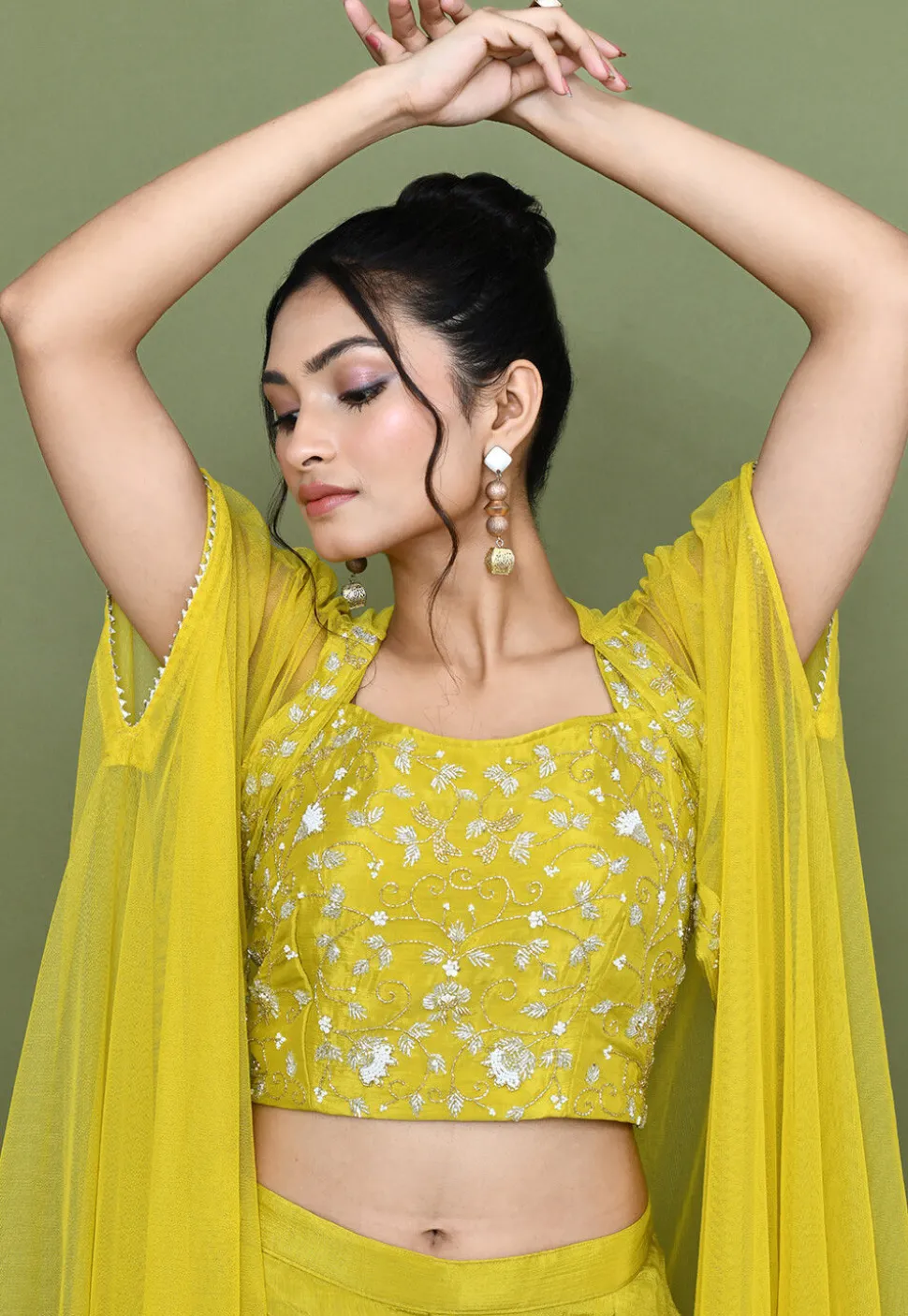 Hand Embroidered Chinon Chiffon Crop Top Set in Mustard
