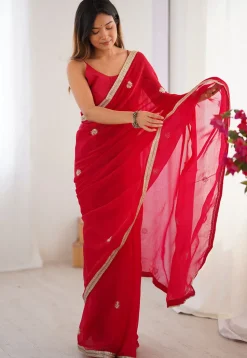 Hand Embroidered Chinon Chiffon Saree in Red
