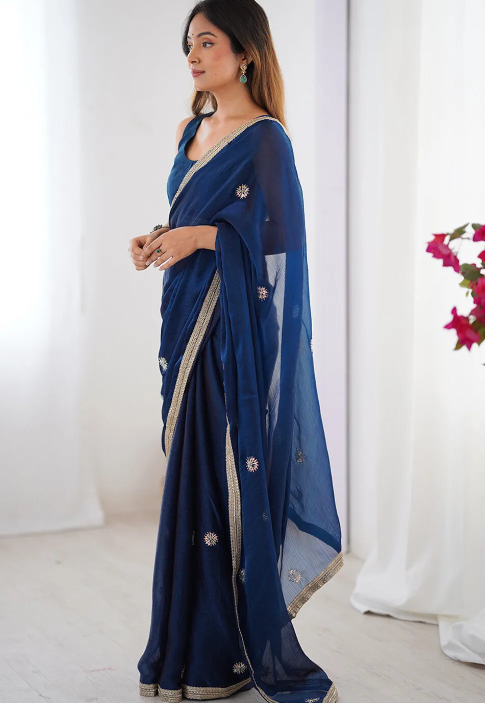 Hand Embroidered Chinon Chiffon Saree in Blue