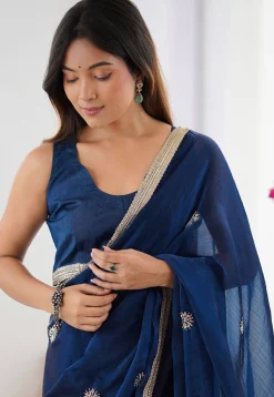 Hand Embroidered Chinon Chiffon Saree in Blue