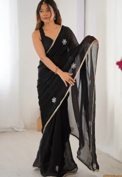 Hand Embroidered Chinon Chiffon Saree in Black