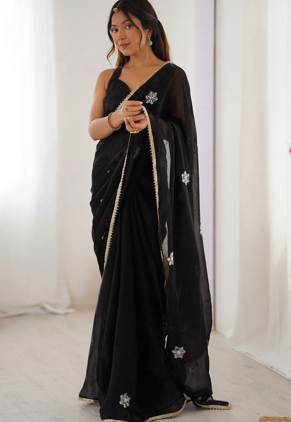Hand Embroidered Chinon Chiffon Saree in Black