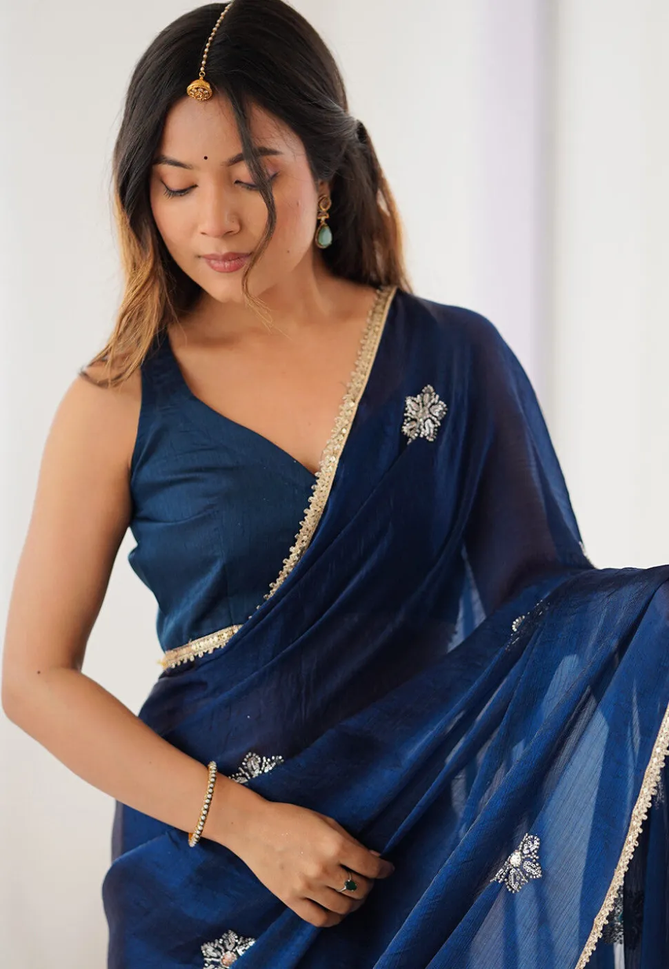 Hand Embroidered Chinon Chiffon Saree in Blue