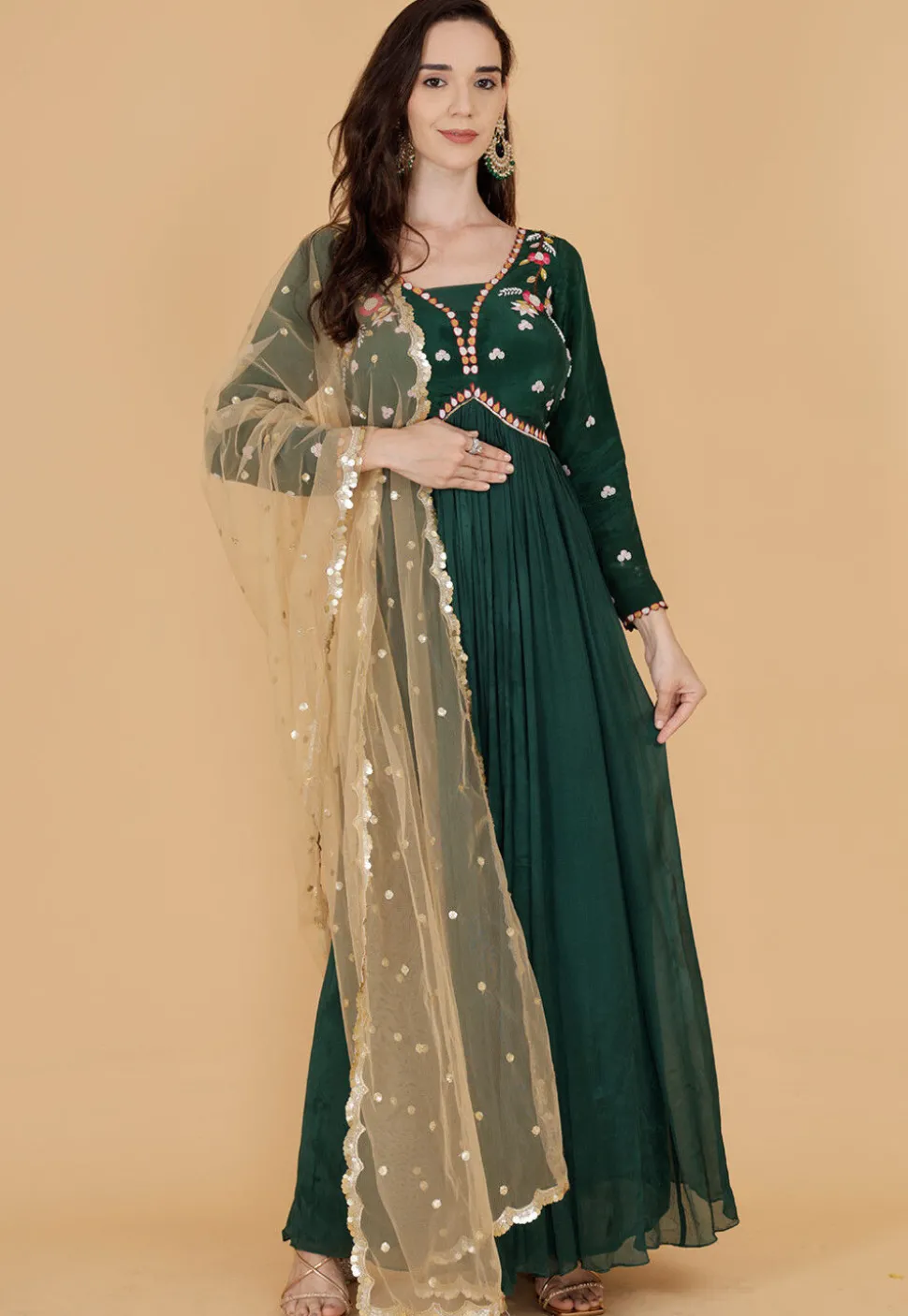 Hand Embroidered Chinon Chiffon Abaya Style Suit in Dark Green