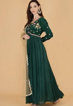 Hand Embroidered Chinon Chiffon Abaya Style Suit in Dark Green