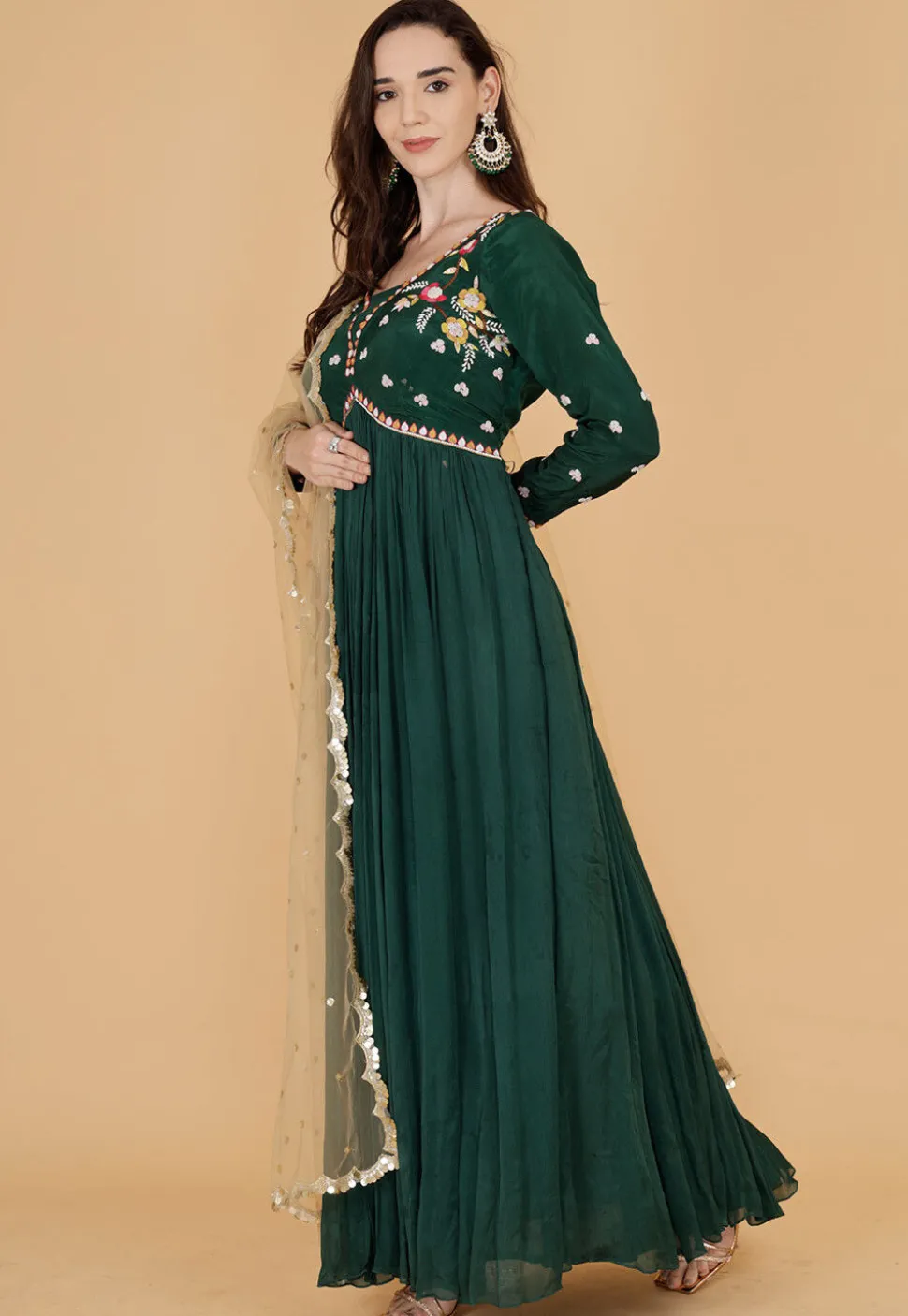 Hand Embroidered Chinon Chiffon Abaya Style Suit in Dark Green