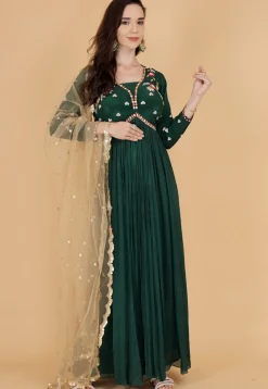 Hand Embroidered Chinon Chiffon Abaya Style Suit in Dark Green