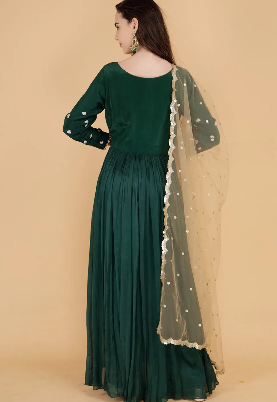 Hand Embroidered Chinon Chiffon Abaya Style Suit in Dark Green