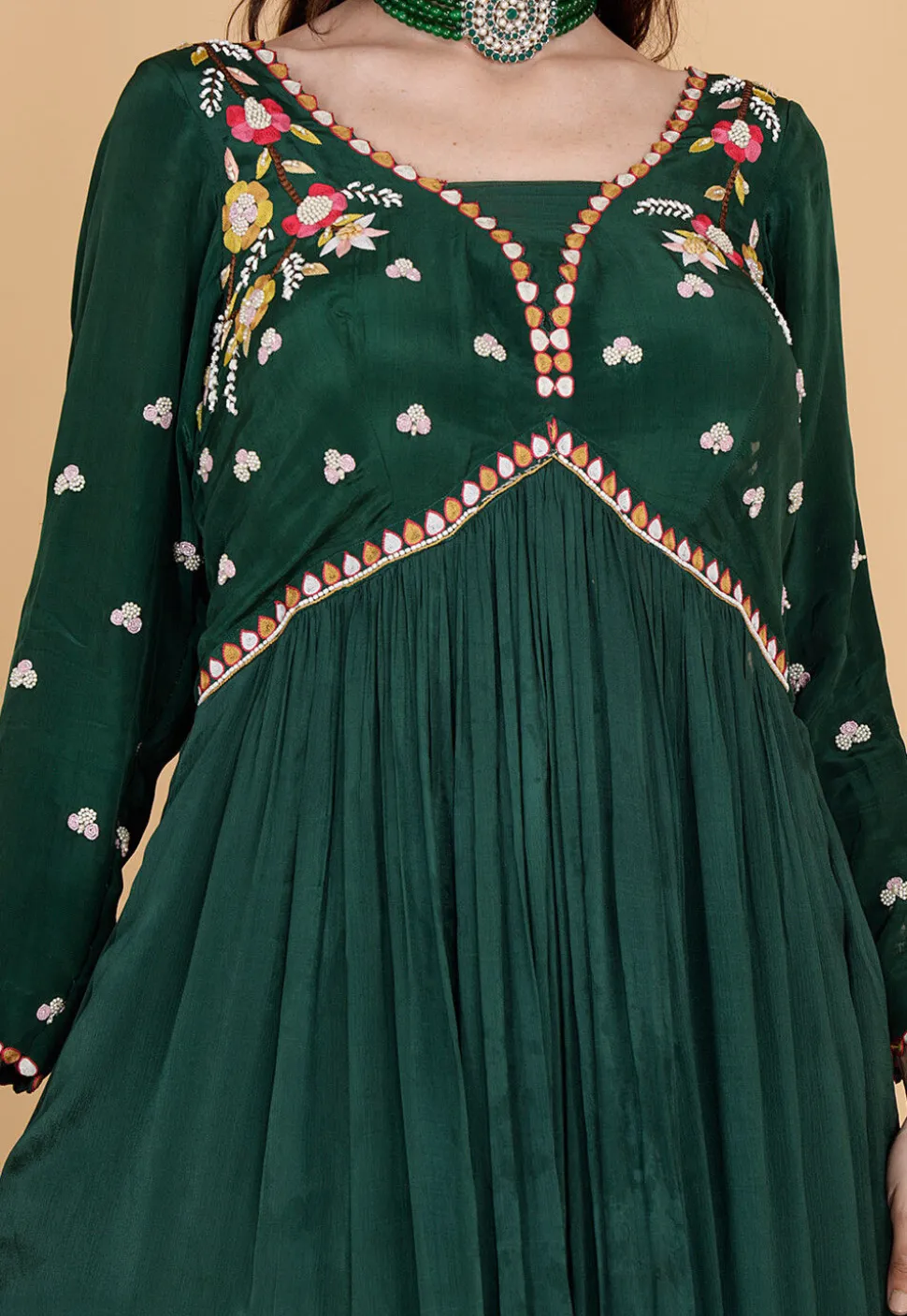 Hand Embroidered Chinon Chiffon Abaya Style Suit in Dark Green