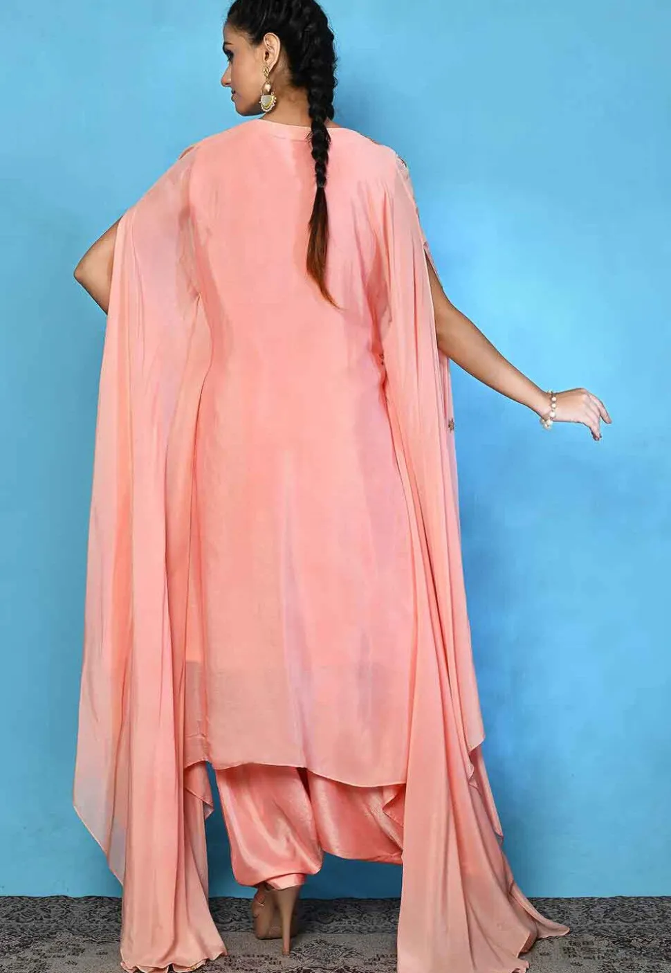 Hand Embroidered Chinon Chiffon Kaftan Set in Peach