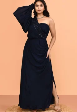 Hand Embroidered Chinon Chiffon Gown in Navy Blue