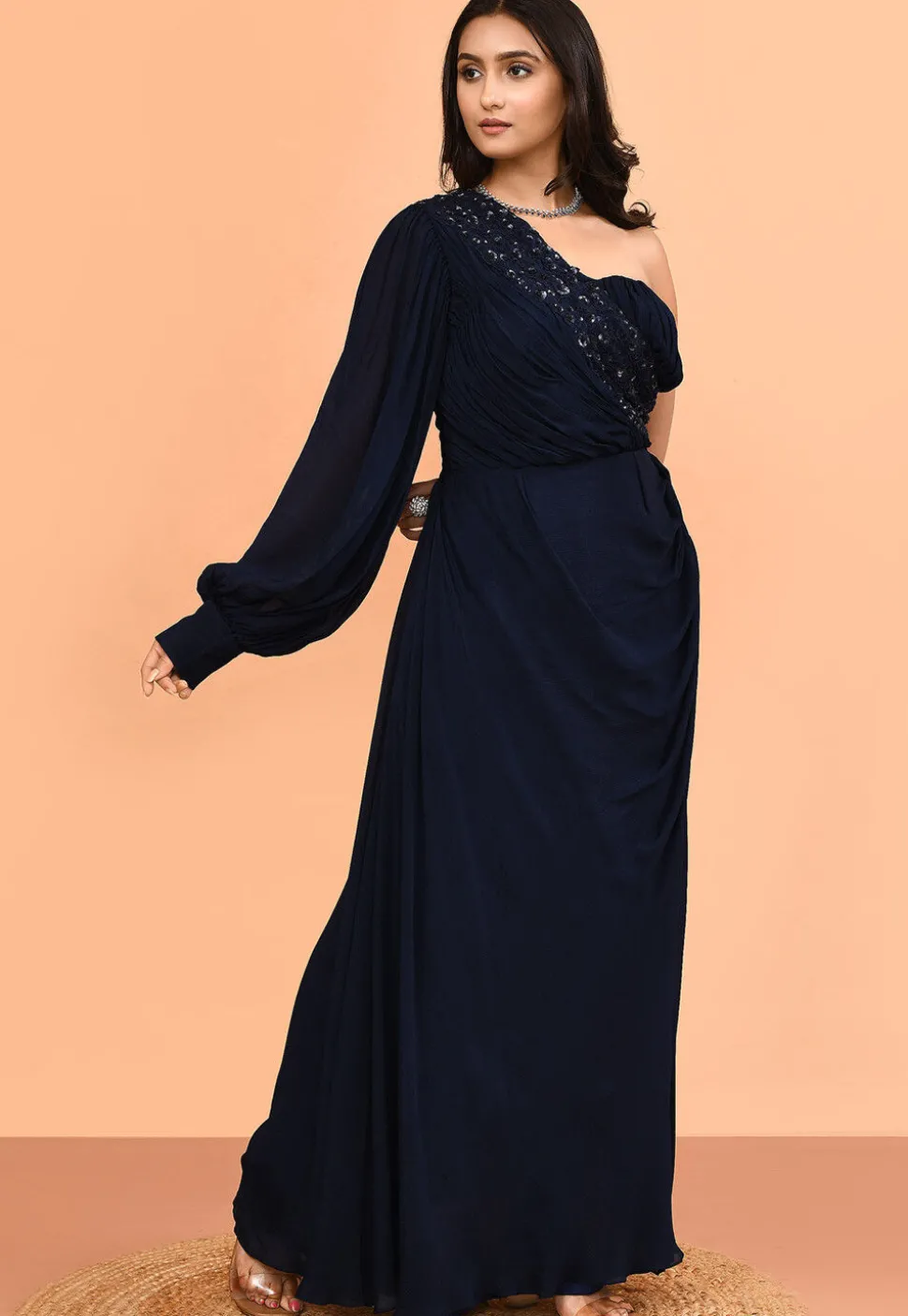Hand Embroidered Chinon Chiffon Gown in Navy Blue