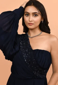 Hand Embroidered Chinon Chiffon Gown in Navy Blue