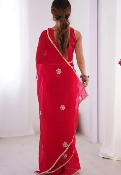 Hand Embroidered Chinon Chiffon Saree in Red