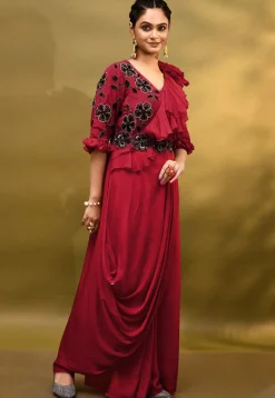Hand Embroidered Chinon Chiffon Drape Gown in Red